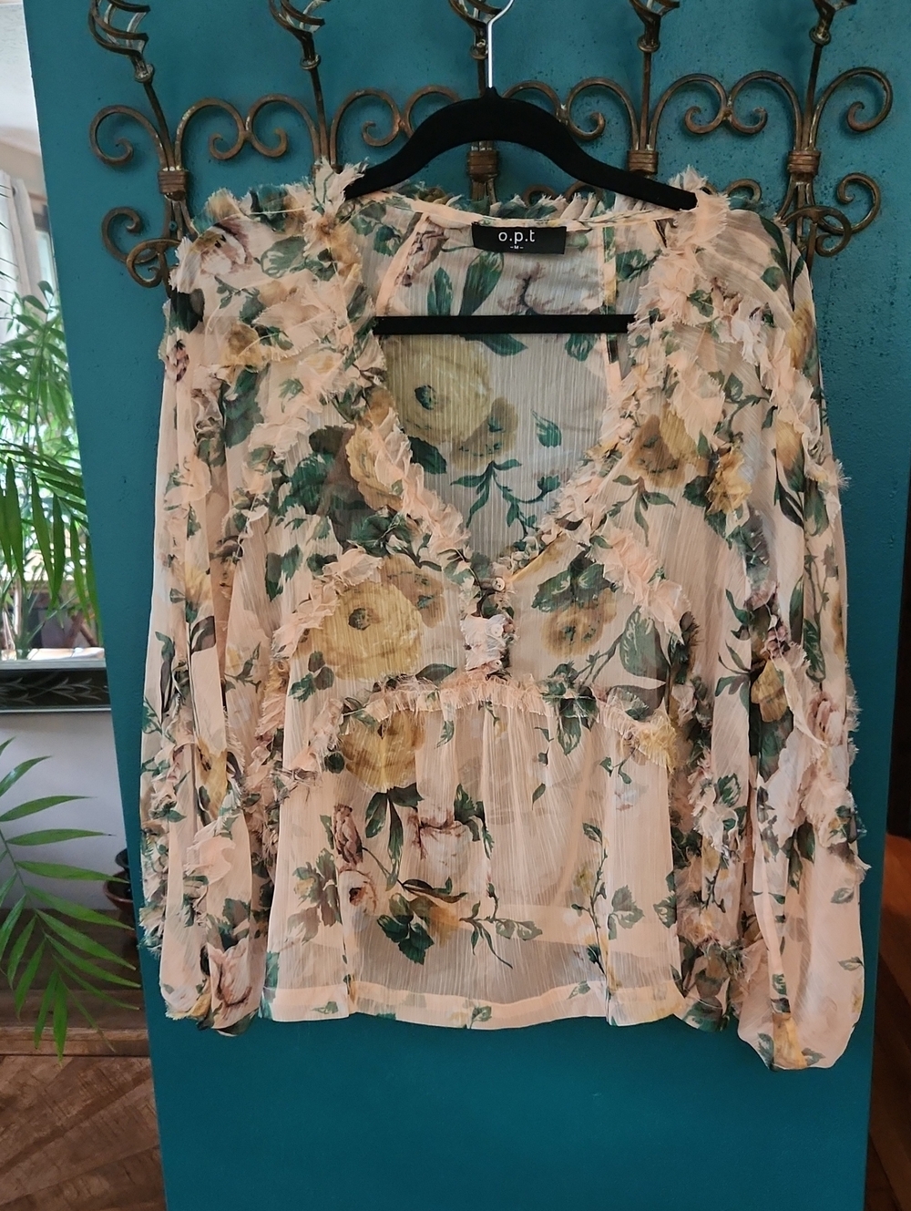 o.p.t. Floral Ruffle V-Neck Blouse in Cream and Green